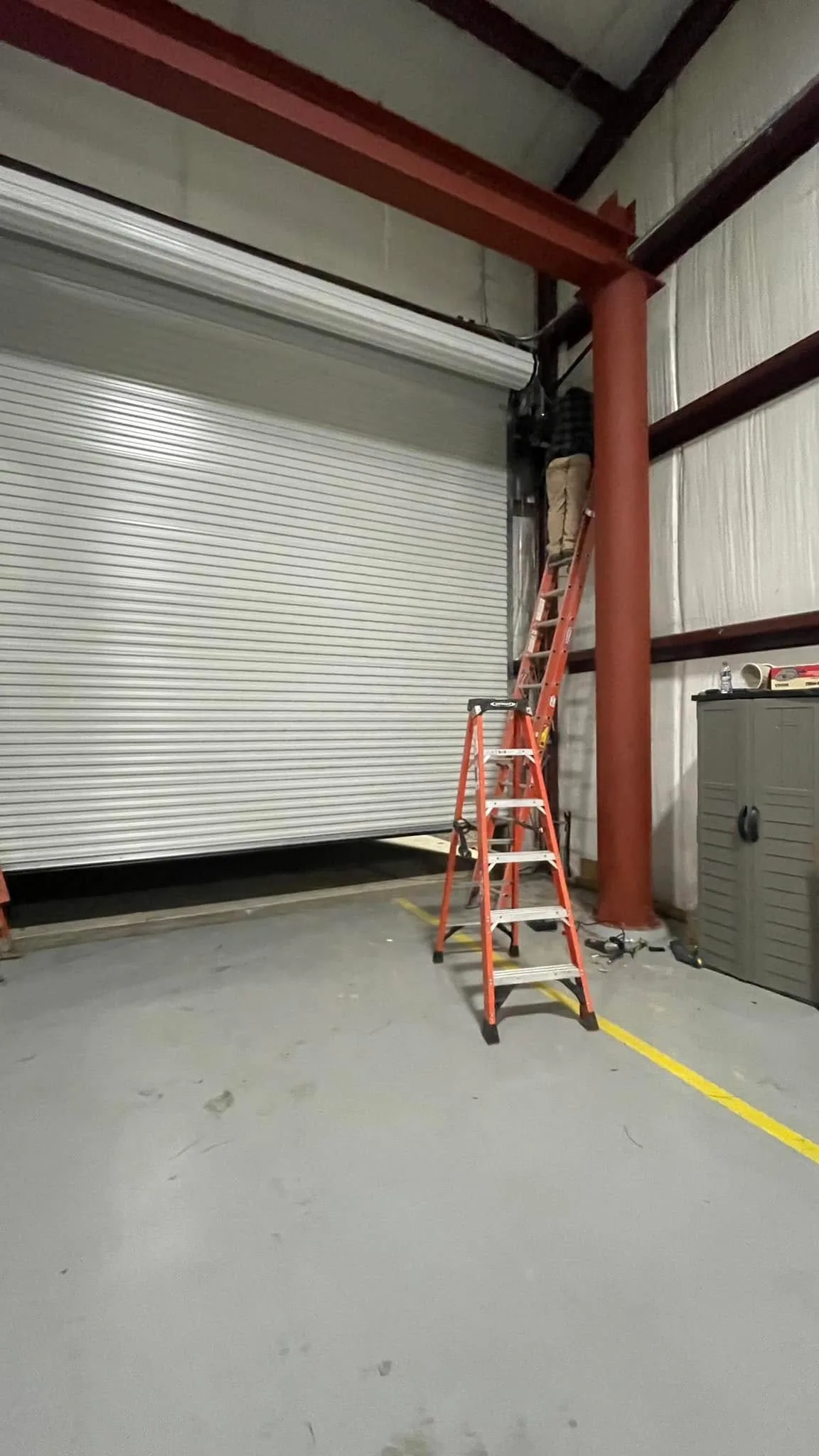 A rolling steel door in a shop