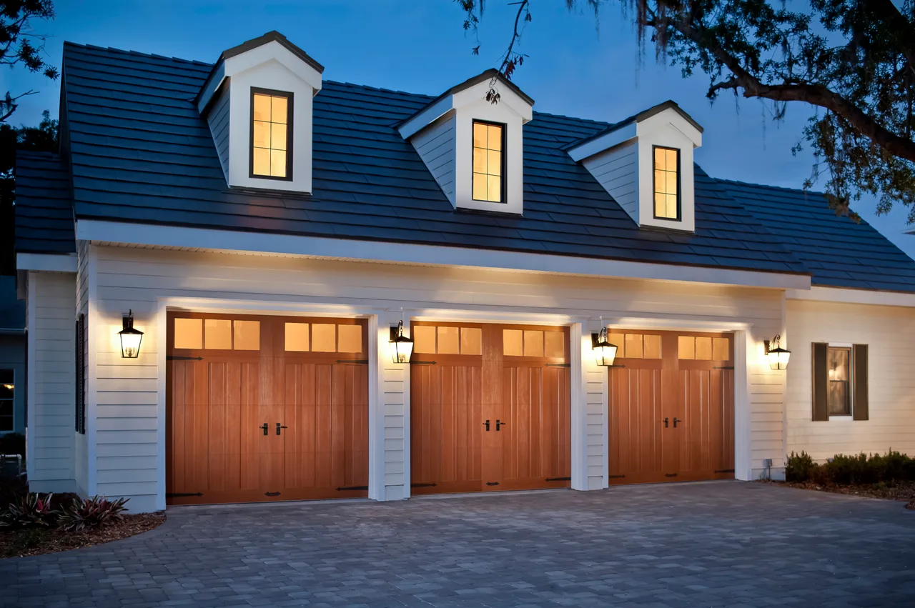 Clopay Canyon Ridge carriage-house doors in a warm wood tone